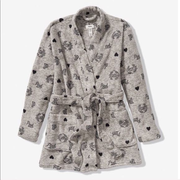 ▪️Victoria’s Secret PINK Logo Gray Teddy Robe M/L - Picture 2 of 6